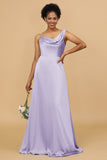 A Line Asymmetrical Neck Satin Floor Length Bridesmaid Dress