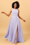 A Line High Neck Pleated Long Chiffon Bridesmaid Dress with Ruffles