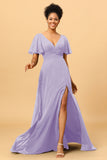 A Line V-Neck Long Chiffon Bridesmaid Dress with Slit