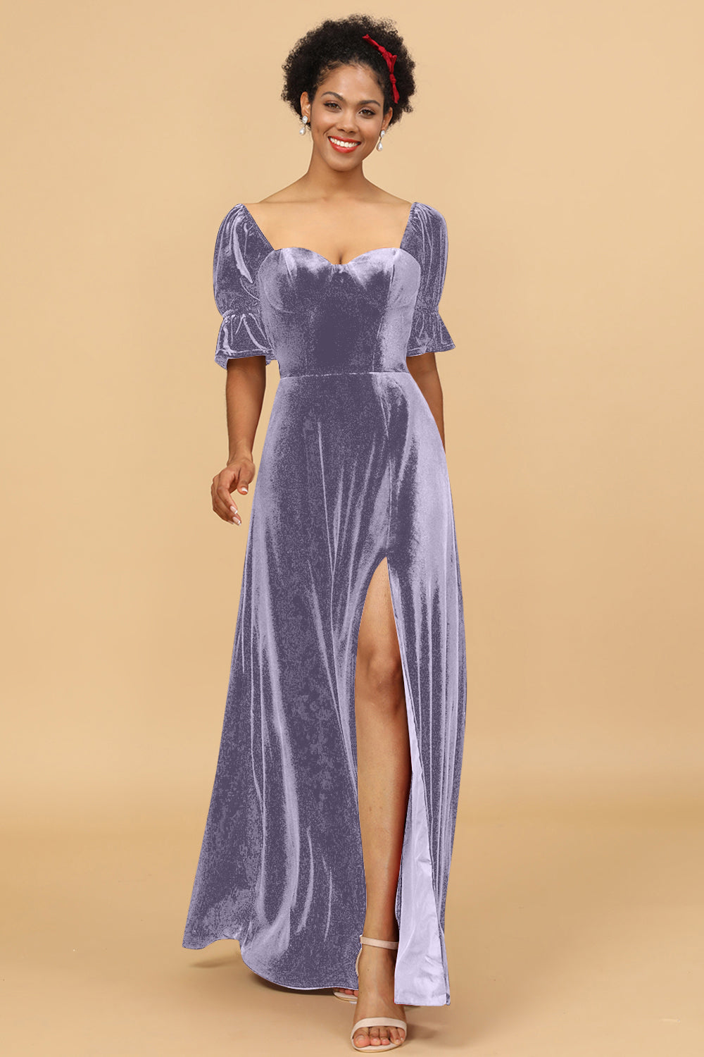 Wedtrend Women Bridesmaid Dress A Line Sweetheart Flare Sleeves Velvet Wedding Party Formal Evening Dress with Slit, Lilac