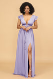 A Line Deep V-Neck Long Chiffon Bridesmaid Dress with Slit