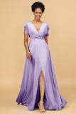 A Line V-Neck Floor Length Chiffon Bridesmaid Dress with Slit