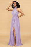 A Line Halter Ruched Floor Length Chiffon Bridesmaid Dress with Slit