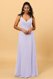 A Line V Neck Spaghetti Straps Floor Length Long Chiffon Bridesmaid Dress