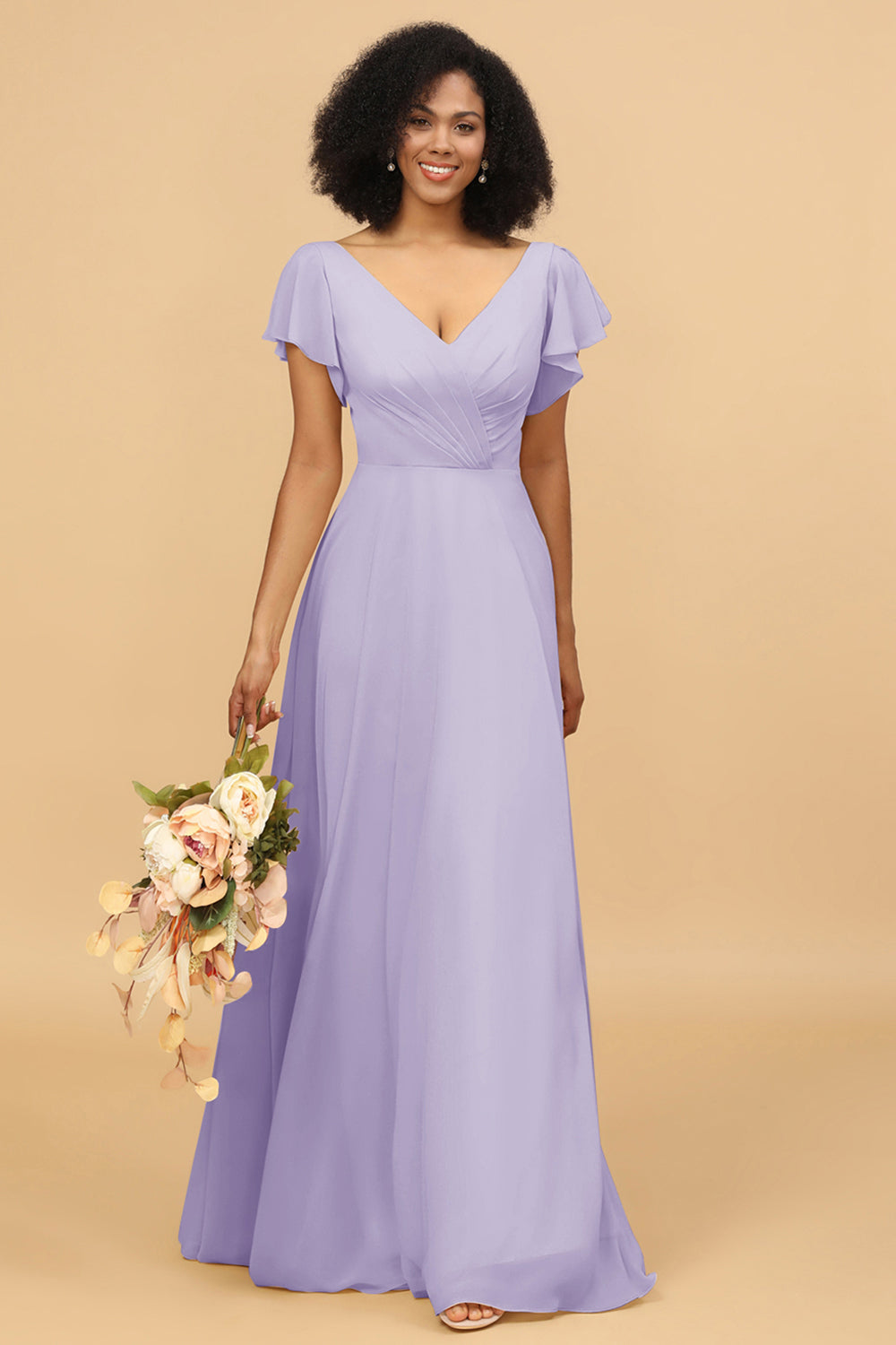 Wedtrend Women A Line V Neck Short Sleeves Floor Length Chiffon Bridesmaid Dress Formal Dress, Lilac