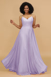 A Line Spaghetti Straps Chiffon Long Bridesmaid Dress