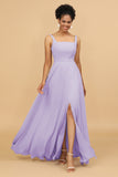 Sheath Square Neck Floor Length Chiffon Bridesmaid Dress