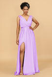 A Line Ruched V-Neck Sleeveless Chiffon Bridesmaid Dress with Slit