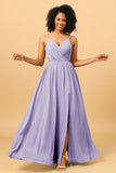 Ruched Long Floor Length Chiffon Bridesmaid Dress with Slit