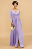 A Line V-Neck Long Sleeves Chiffon Bridesmaid Dress with Slit