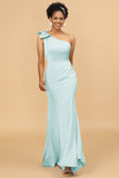 Mermaid One Shoulder Satin Long Bridesmaid Dress With Bowknot