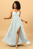 A Line Spaghetti Straps Ruched Long Chiffon Bridesmaid Dress with Slit