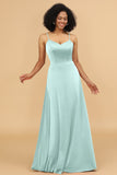 A Line Spaghetti Straps Floor Length Satin Bridesmaid Dress