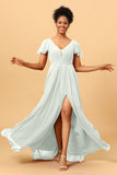 A-Line V Neck Ruched Long Chiffon Bridesmaid Dress with Slit