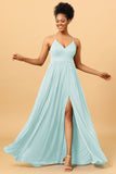 A Line Spaghetti Straps Ruched Chiffon Long Bridesmaid Dress with Slit