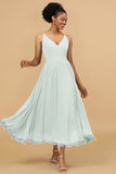 A Line Spaghetti Straps Long Chiffon Bridesmaid Dress with Ruffles