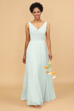 A Line V Neck Backless Chiffon Long Bridesmaid Dress