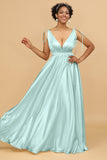 A Line Deep V-Neck Backless Floor Length Bridesmaid Dress