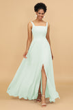 Sheath Square Neck Floor Length Chiffon Bridesmaid Dress