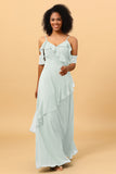 A Line Spaghetti Straps Long Chiffon Bridesmaid Dress with Ruffles