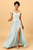 A Line Off the Shoulder Ruched Long Chiffon Bridesmaid Dress with Slit