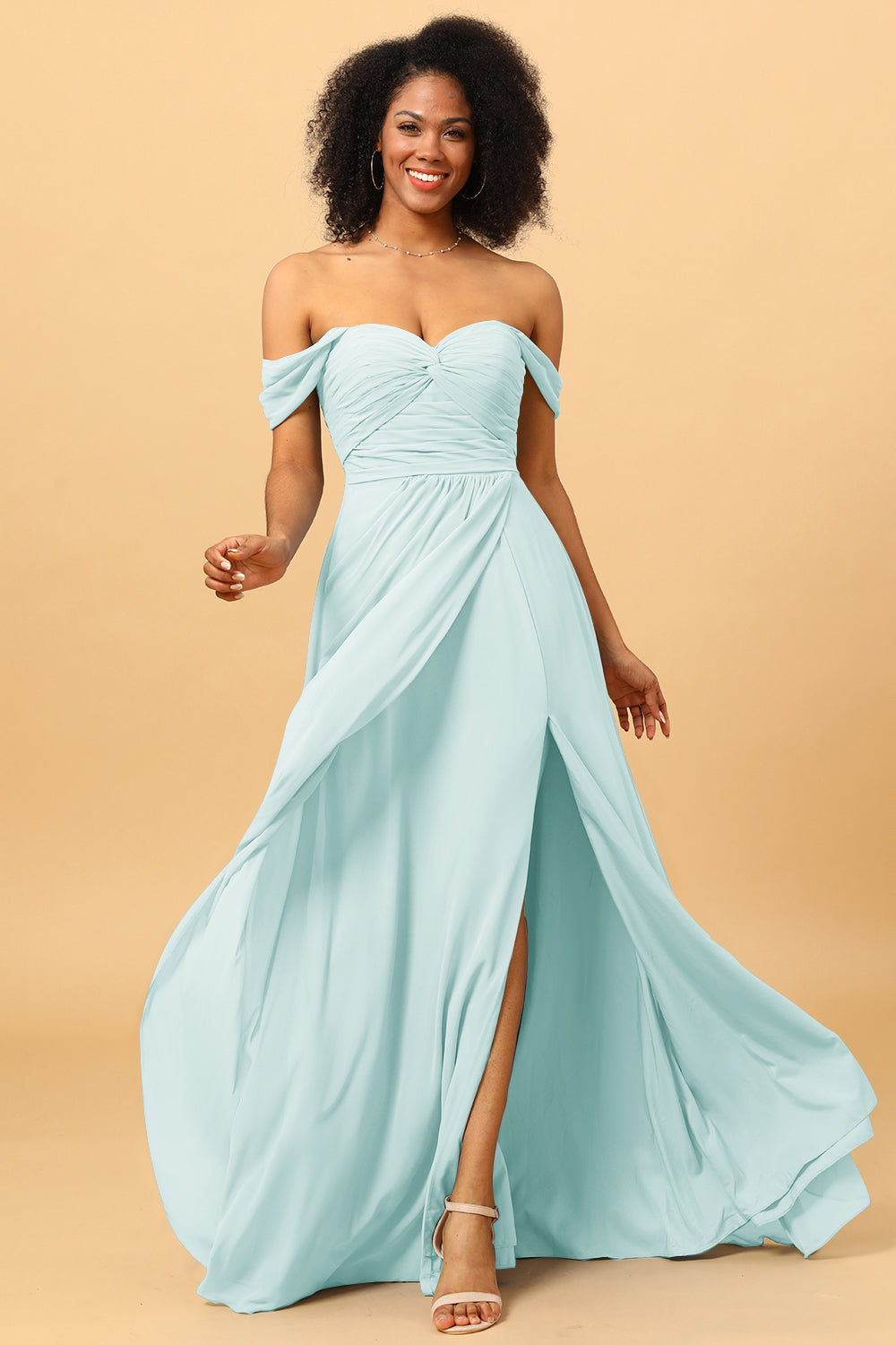 Wedtrend Women Bridesmaids A Line Off the Shoulder Ruched Chiffon Bridesmaid Dress with Slit, Mint