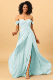 A Line Off the Shoulder Ruched Chiffon Bridesmaid Dress with Slit