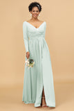 A Line V-Neck Long Sleeves Chiffon Bridesmaid Dress with Slit