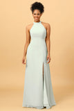 Sheath Halter Floor Length Open Back Chiffon Bridesmaid Dress with Slit