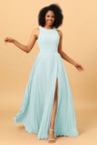 A Line High Neck Pleated Long Chiffon Bridesmaid Dress with Ruffles