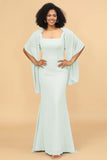 Mermaid Square Neck Long Chiffon Bridesmaid Dress with Cape