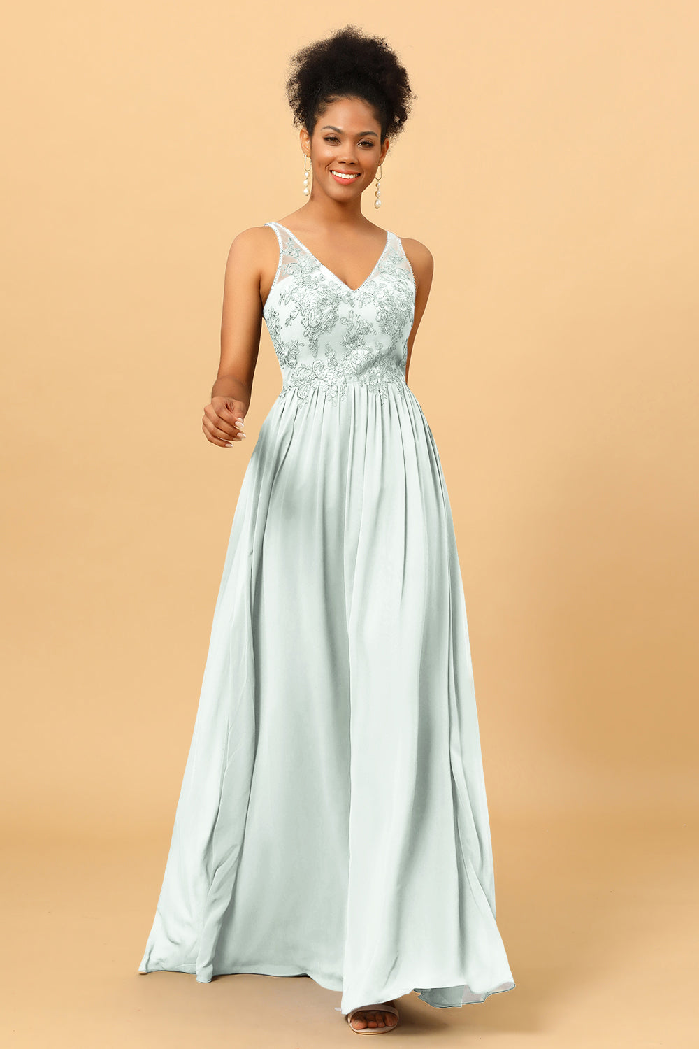 A Line V-Neck Long Chiffon Bridesmaid Dress with Lace