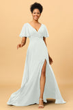 A Line V-Neck Long Chiffon Bridesmaid Dress with Slit