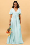 A Line V Neck Short Sleeves Chiffon Long Bridesmaid Dress