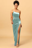 Mermaid One Shoulder Long Velvet Bridesmaid Dress with Slit