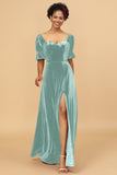 A Line Sweetheart Flare Sleeves Velvet Bridesmaid Dress with Slit