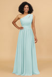 A Line One Shoulder Long Chiffon Bridesmaids Dress with Ruffles