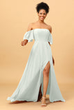 A Line Off the Shoulder Long Chiffon Bridesmaid Dress with Slit