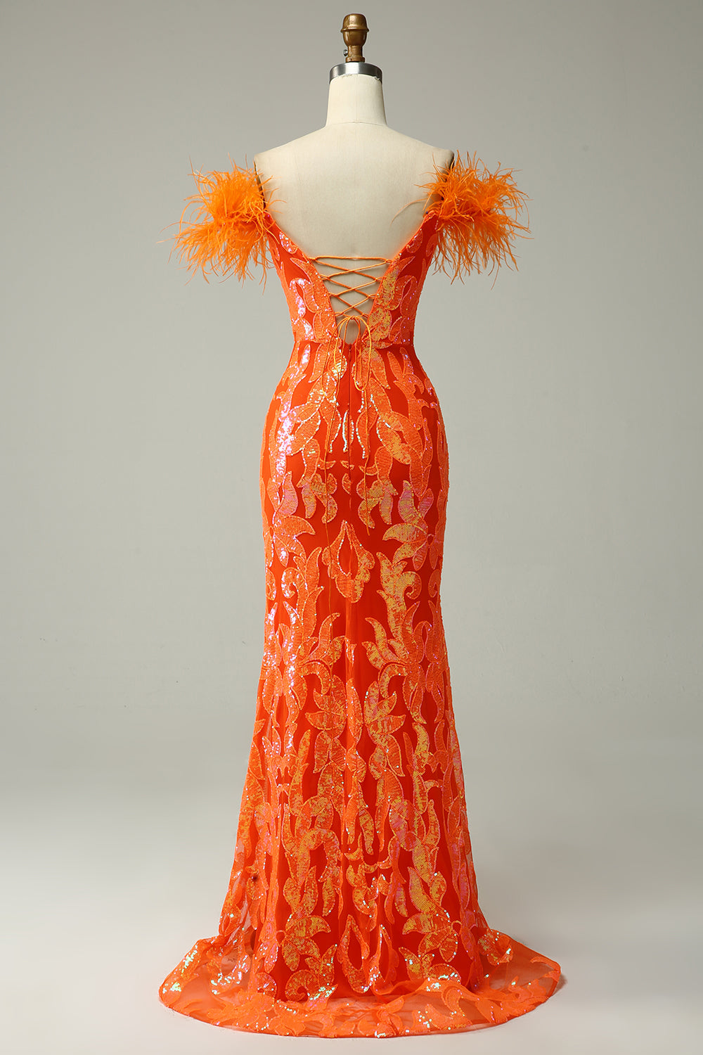 Orange Mermaid Off the Shoulder Sequins Prom Dress with Feathers