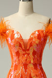 Orange Mermaid Off the Shoulder Sequins Prom Dress with Feathers