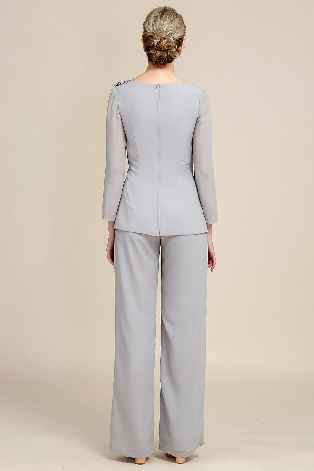 Elegant Grey Two-piece Chiffon Mother of The Bride Pant Suit