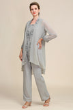 Elegant Appliques 3 Pieces Chiffon Mother of The Bride Jumpsuit with Wrap