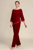 Burgundy 3/4 Sleeves Chiffon Mother of The Bride Pant Suit