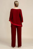 Burgundy 3/4 Sleeves Chiffon Mother of The Bride Pant Suit