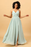 Light Green Ruched Long Chiffon Bridesmaid Dress with Slit