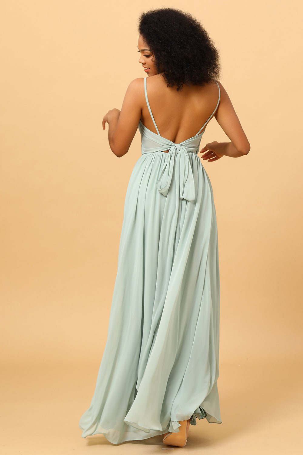 Light Green Ruched Long Chiffon Bridesmaid Dress with Slit