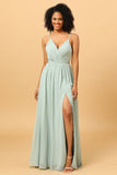 Light Green Ruched Long Chiffon Bridesmaid Dress with Slit