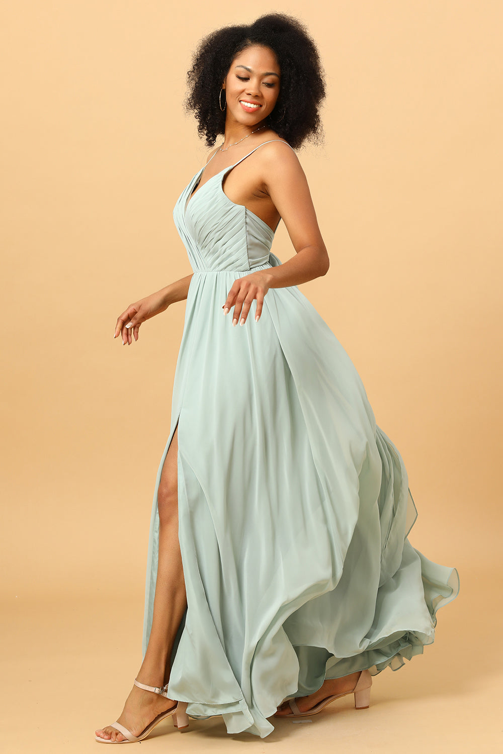 Wedtrend Women Light Green Spagehtti Straps Ruched Long Chiffon Bridesmaid Dress with Slit WEDTREND Wedtrend Women Light Green Spagehtti Straps Ruched Long Chiffon Bridesmaid Dress with Slit WEDTREND