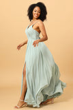 Light Green Ruched Long Chiffon Bridesmaid Dress with Slit