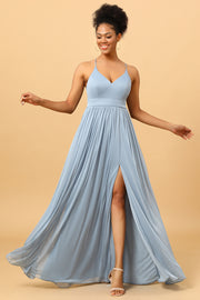 Dusty Blue Ruched Chiffon Bridesmaid Dress with Slit